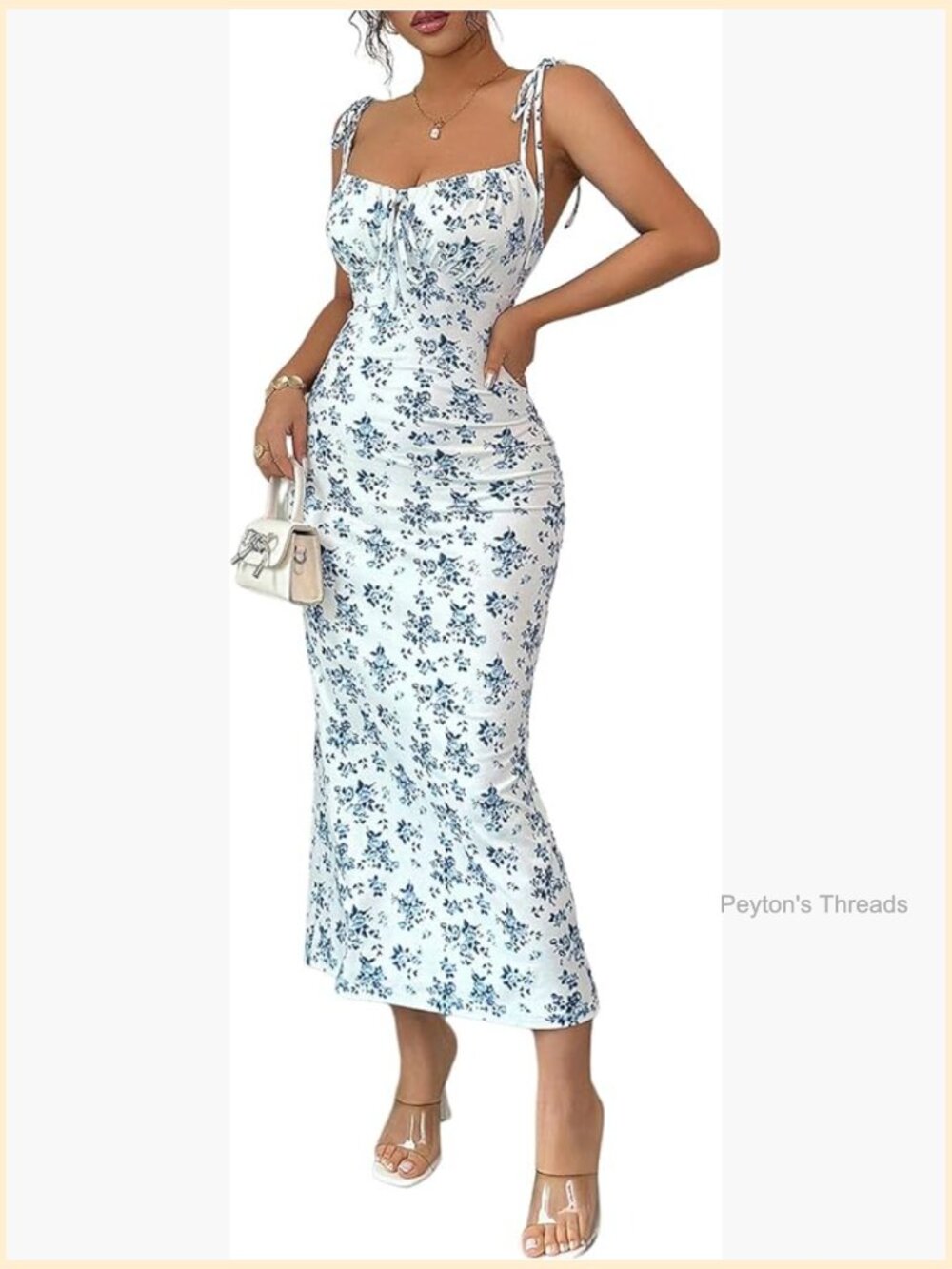 Floral Fishtail Midi Dress Tie Shoulder Spaghetti Strap Bodycon Summer Beach